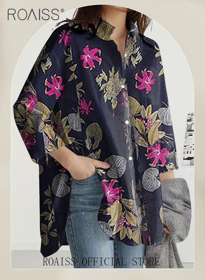 Ladies Stylish Lapel Shirt for Daily Commute - Single-Breasted Long Sleeve Top with Simple Design and Loose Fit Featuring a Beautiful Floral Pattern