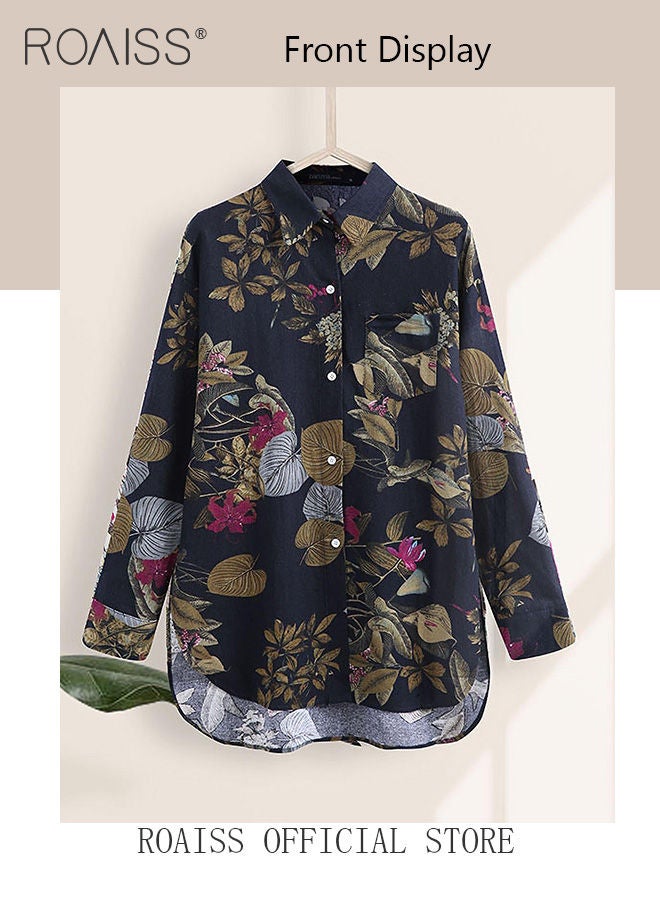 Ladies Stylish Lapel Shirt for Daily Commute - Single-Breasted Long Sleeve Top with Simple Design and Loose Fit Featuring a Beautiful Floral Pattern