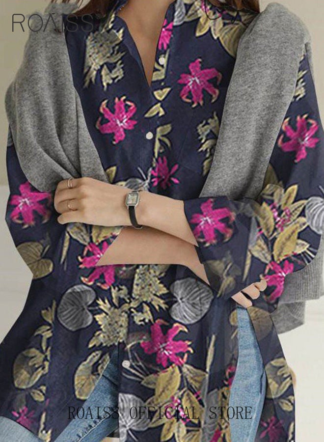 Ladies Stylish Lapel Shirt for Daily Commute - Single-Breasted Long Sleeve Top with Simple Design and Loose Fit Featuring a Beautiful Floral Pattern