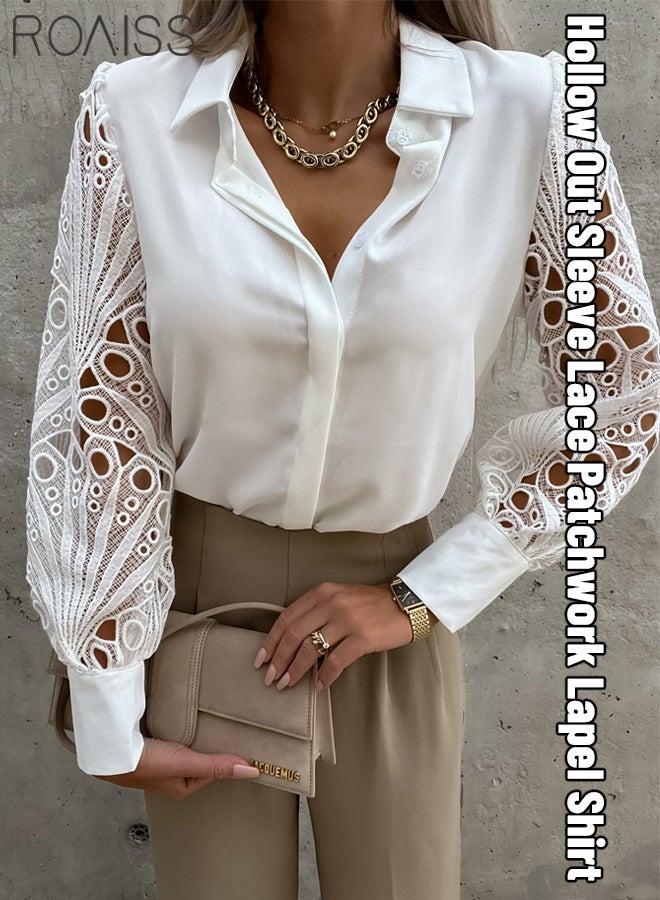 Women's Satin Lace Blouse Classic V Neck Lapel Design Long Sleeve Cuffs are Tightened Button Open and Close Fashion Top