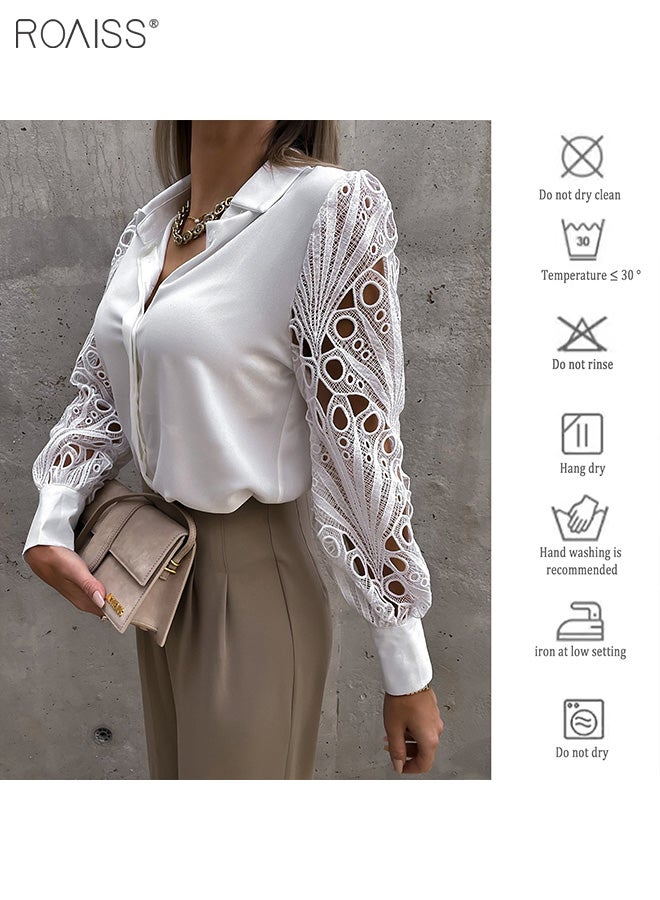Women's Satin Lace Blouse Classic V Neck Lapel Design Long Sleeve Cuffs are Tightened Button Open and Close Fashion Top
