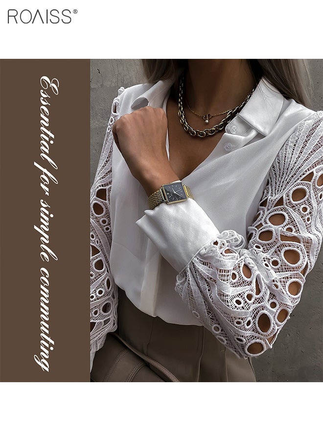 Women's Satin Lace Blouse Classic V Neck Lapel Design Long Sleeve Cuffs are Tightened Button Open and Close Fashion Top