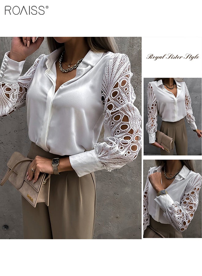 Women's Satin Lace Blouse Classic V Neck Lapel Design Long Sleeve Cuffs are Tightened Button Open and Close Fashion Top