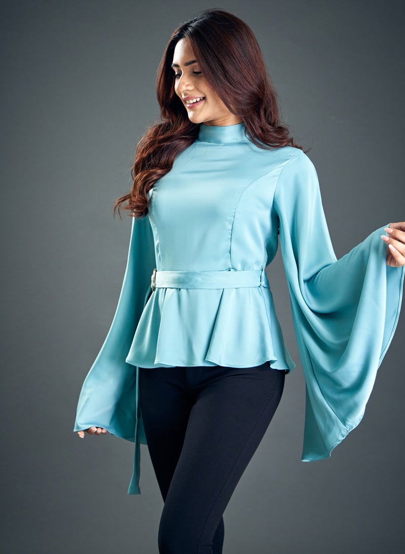 Trumpet Sleeve Light Blue Satin Blouse