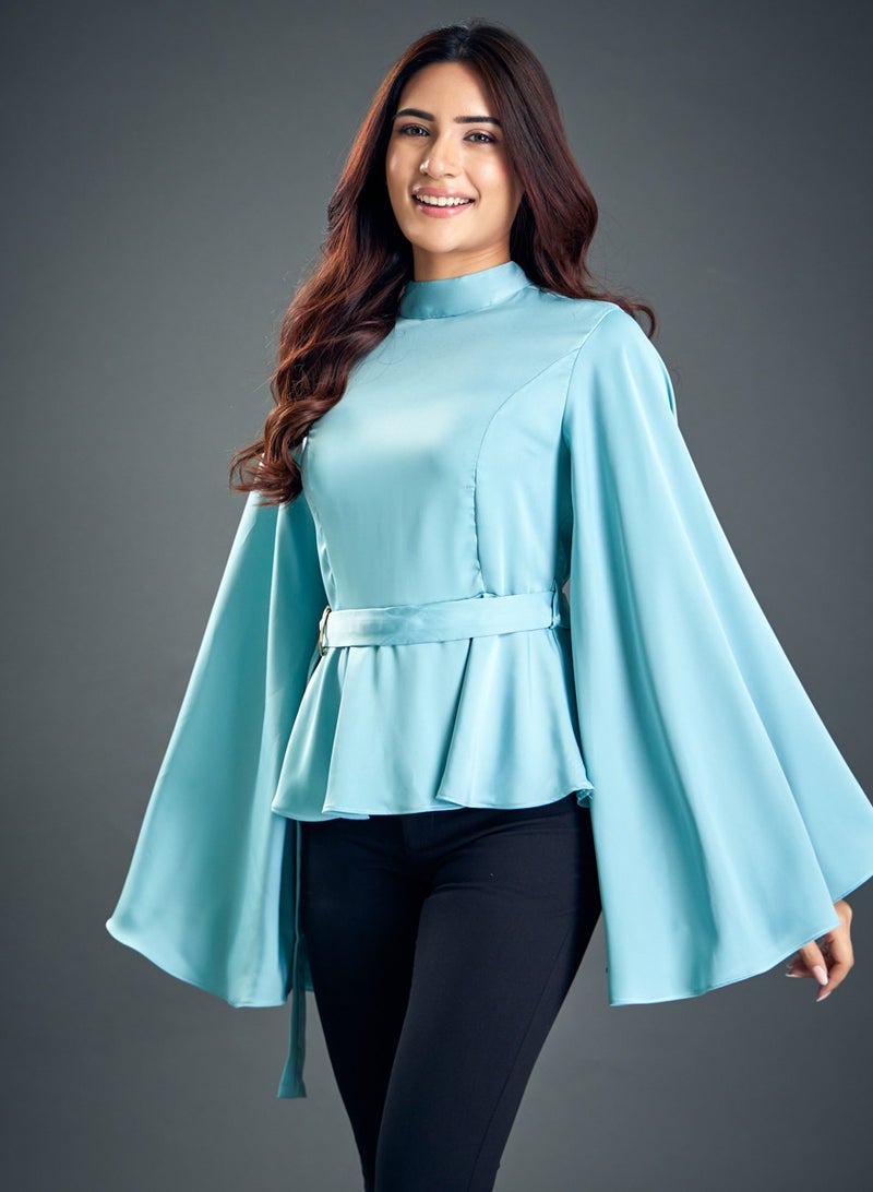 Trumpet Sleeve Light Blue Satin Blouse