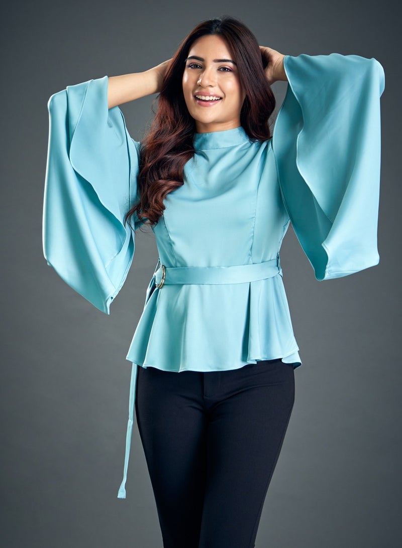 Trumpet Sleeve Light Blue Satin Blouse