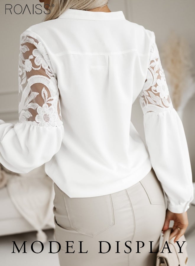 Fashion Lace Hollow Splicing Shirt Women'S Versatile Stand Collar Button Closure Daily Commuting Long Sleeve Top