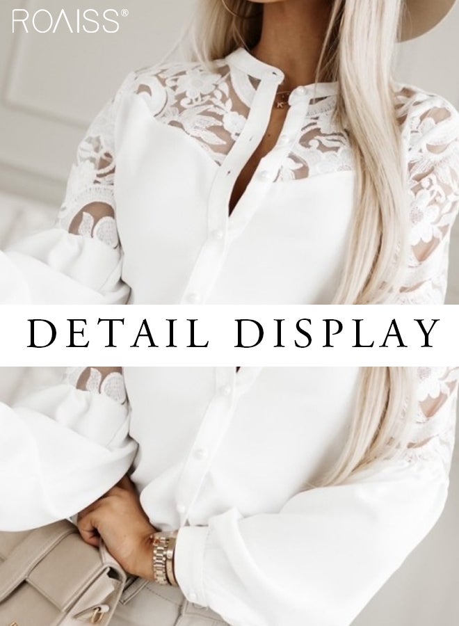 Fashion Lace Hollow Splicing Shirt Women'S Versatile Stand Collar Button Closure Daily Commuting Long Sleeve Top