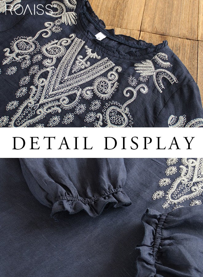 Fashion Casual Loose Fit Pullover Women'S Cotton And Linen Ethnic Style Embroidered T-Shirt Daily Commuting Top