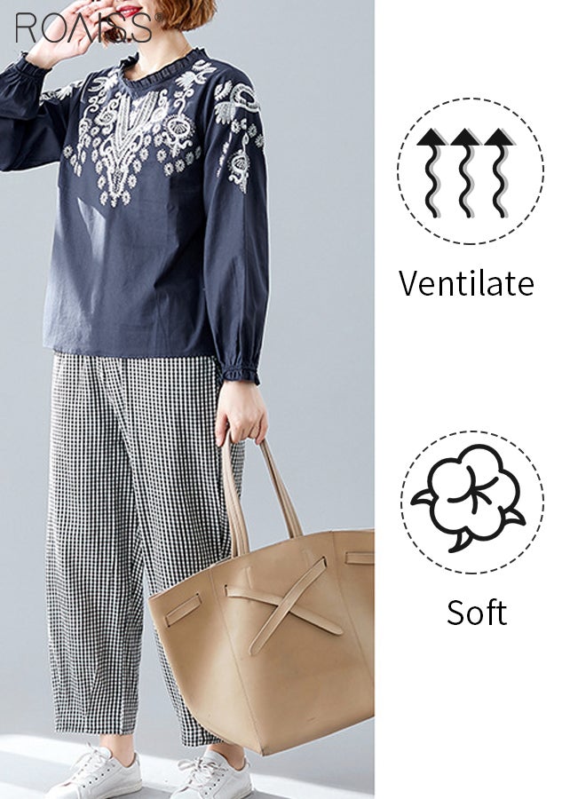 Fashion Casual Loose Fit Pullover Women'S Cotton And Linen Ethnic Style Embroidered T-Shirt Daily Commuting Top