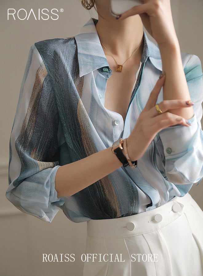 Women Printed Shirt Loose Fit with Gradient Color Design Fashionable and Versatile Women Stand Collar Business Casual Shirt