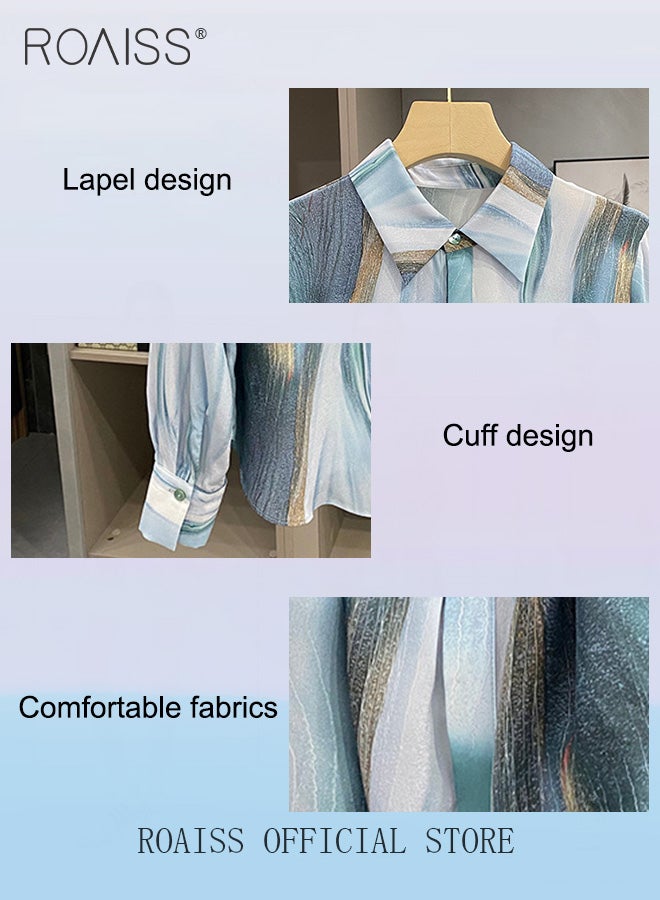 Women Printed Shirt Loose Fit with Gradient Color Design Fashionable and Versatile Women Stand Collar Business Casual Shirt