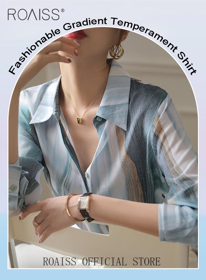 Women Printed Shirt Loose Fit with Gradient Color Design Fashionable and Versatile Women Stand Collar Business Casual Shirt