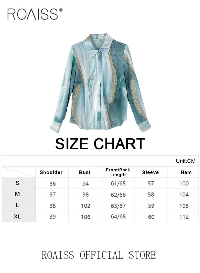 Women Printed Shirt Loose Fit with Gradient Color Design Fashionable and Versatile Women Stand Collar Business Casual Shirt
