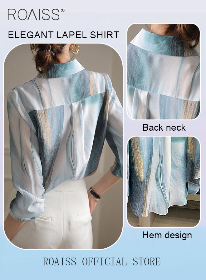 Women Printed Shirt Loose Fit with Gradient Color Design Fashionable and Versatile Women Stand Collar Business Casual Shirt