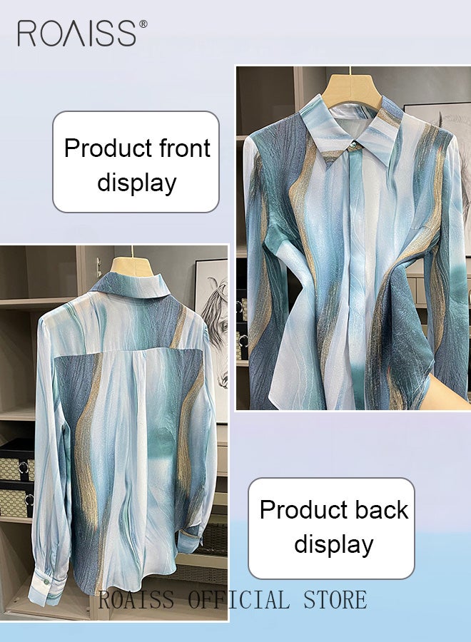 Women Printed Shirt Loose Fit with Gradient Color Design Fashionable and Versatile Women Stand Collar Business Casual Shirt