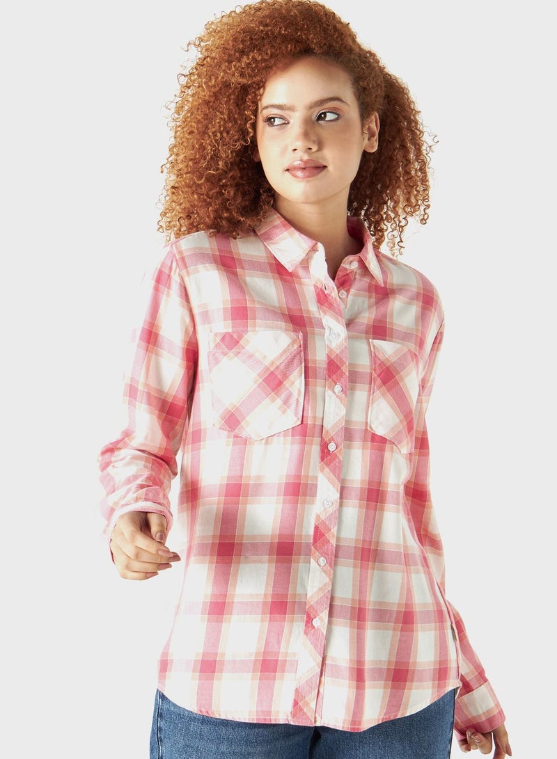 Checked Button Down Denim Shirt