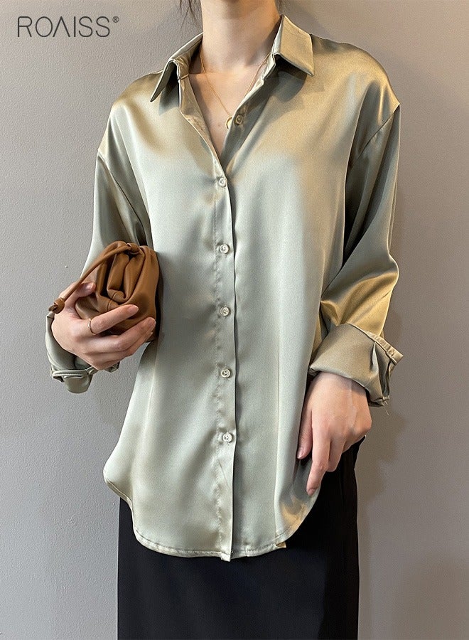 Women's Satin Luminous Drape Shirt Casual Versatile Loose Top Classic Polo Collar Long Sleeved Shirt With Button Closure