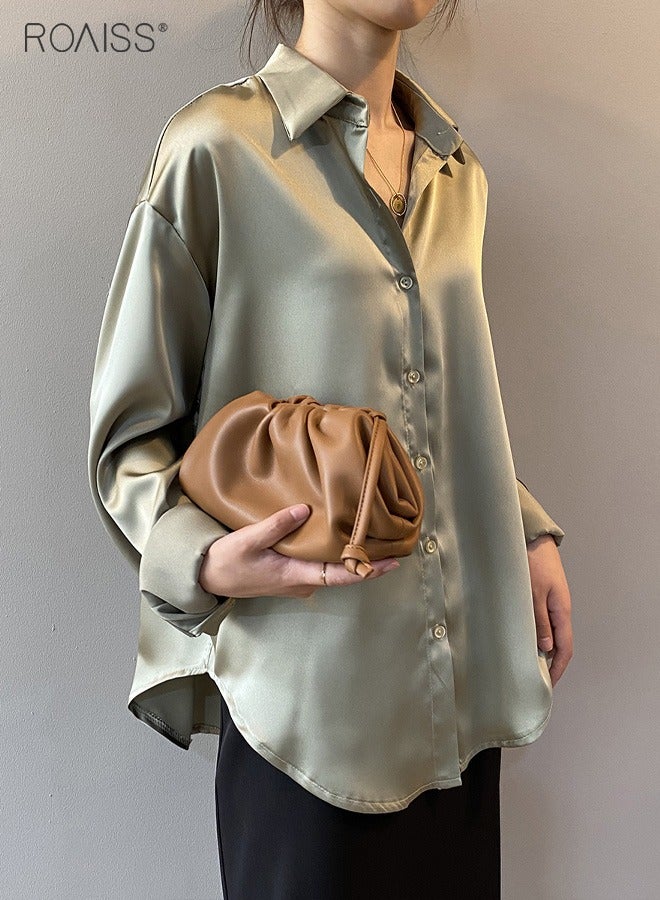 Women's Satin Luminous Drape Shirt Casual Versatile Loose Top Classic Polo Collar Long Sleeved Shirt With Button Closure