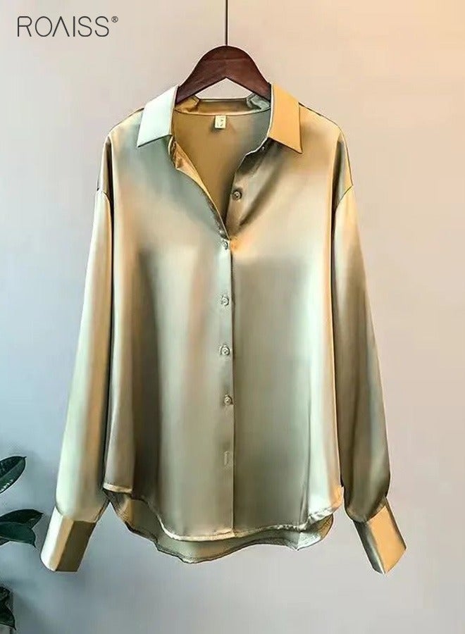 Women's Satin Luminous Drape Shirt Casual Versatile Loose Top Classic Polo Collar Long Sleeved Shirt With Button Closure