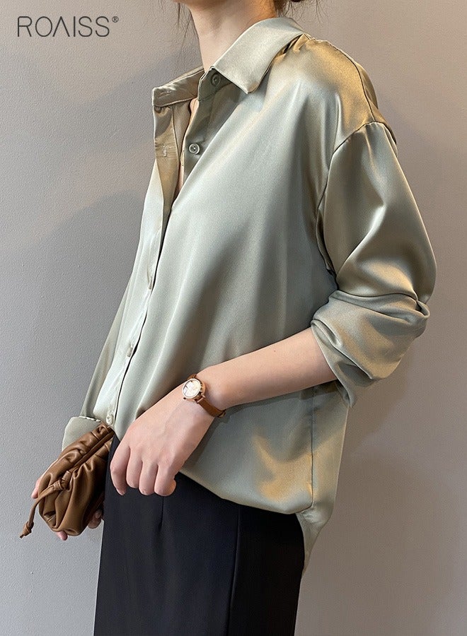 Women's Satin Luminous Drape Shirt Casual Versatile Loose Top Classic Polo Collar Long Sleeved Shirt With Button Closure
