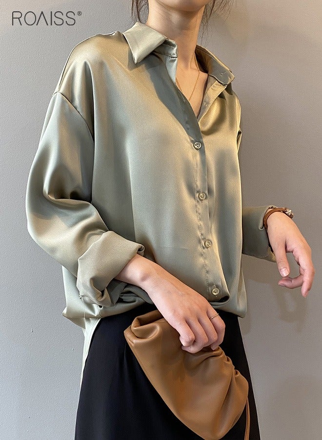 Women's Satin Luminous Drape Shirt Casual Versatile Loose Top Classic Polo Collar Long Sleeved Shirt With Button Closure