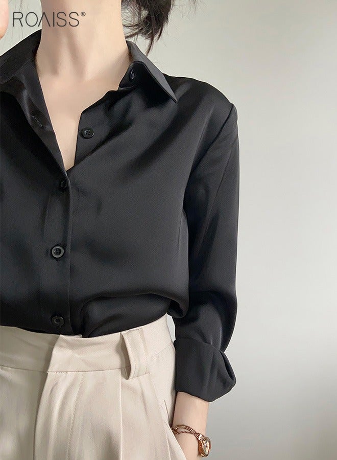 Women's Satin Luminous Drape Shirt Casual Versatile Loose Top Classic Polo Collar Long Sleeved Shirt With Button Closure