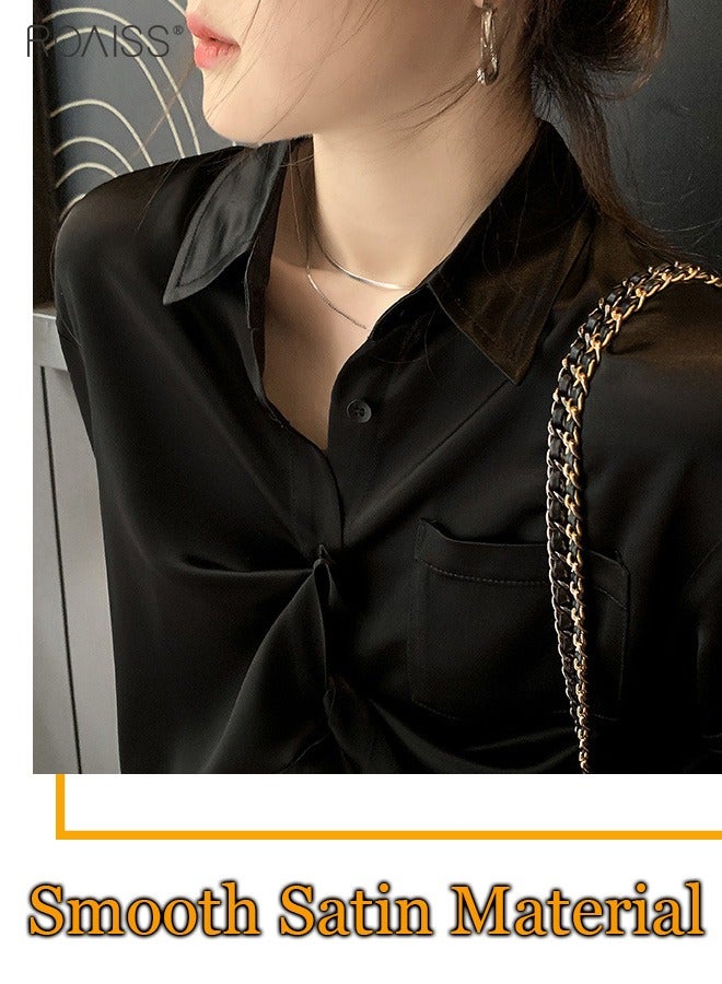 Women's Satin Luminous Drape Shirt Casual Versatile Loose Top Classic Polo Collar Long Sleeved Shirt With Button Closure