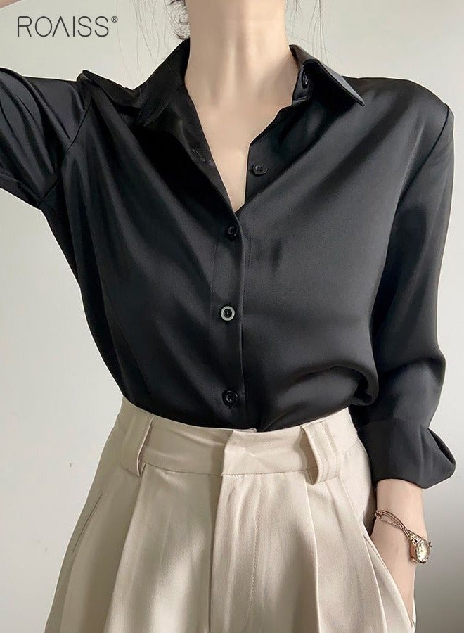 Women's Satin Luminous Drape Shirt Casual Versatile Loose Top Classic Polo Collar Long Sleeved Shirt With Button Closure