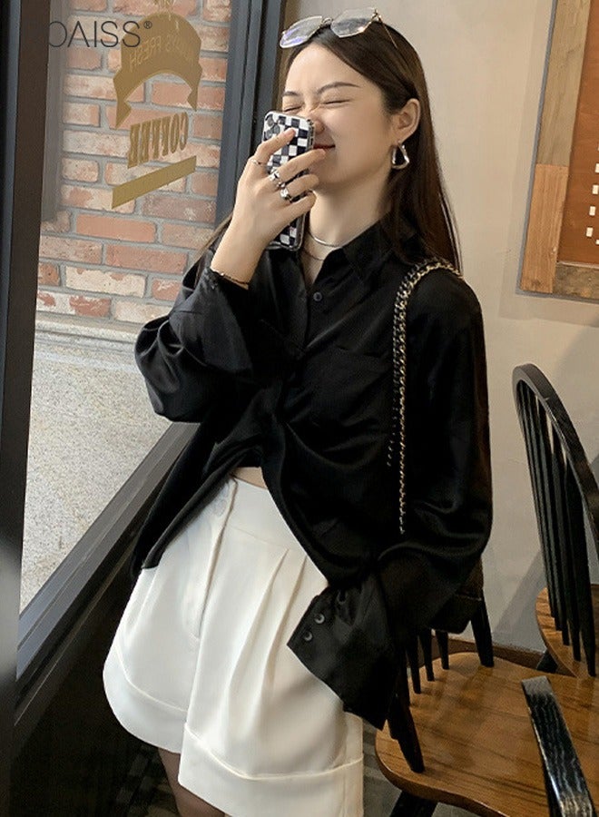Women's Satin Luminous Drape Shirt Casual Versatile Loose Top Classic Polo Collar Long Sleeved Shirt With Button Closure