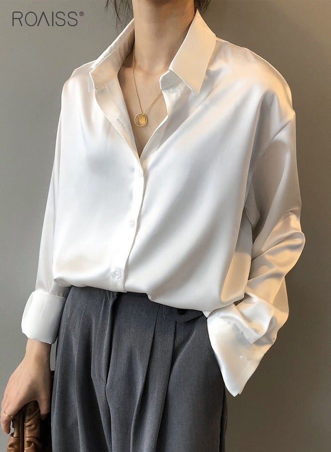 Women'S Satin Luminous Drape Shirt Casual Versatile Loose Top Classic Polo Collar Long Sleeved Shirt With Button Closure