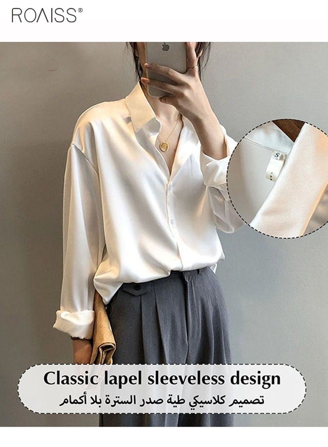 Women'S Satin Luminous Drape Shirt Casual Versatile Loose Top Classic Polo Collar Long Sleeved Shirt With Button Closure
