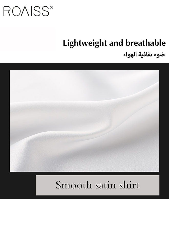 Women'S Satin Luminous Drape Shirt Casual Versatile Loose Top Classic Polo Collar Long Sleeved Shirt With Button Closure