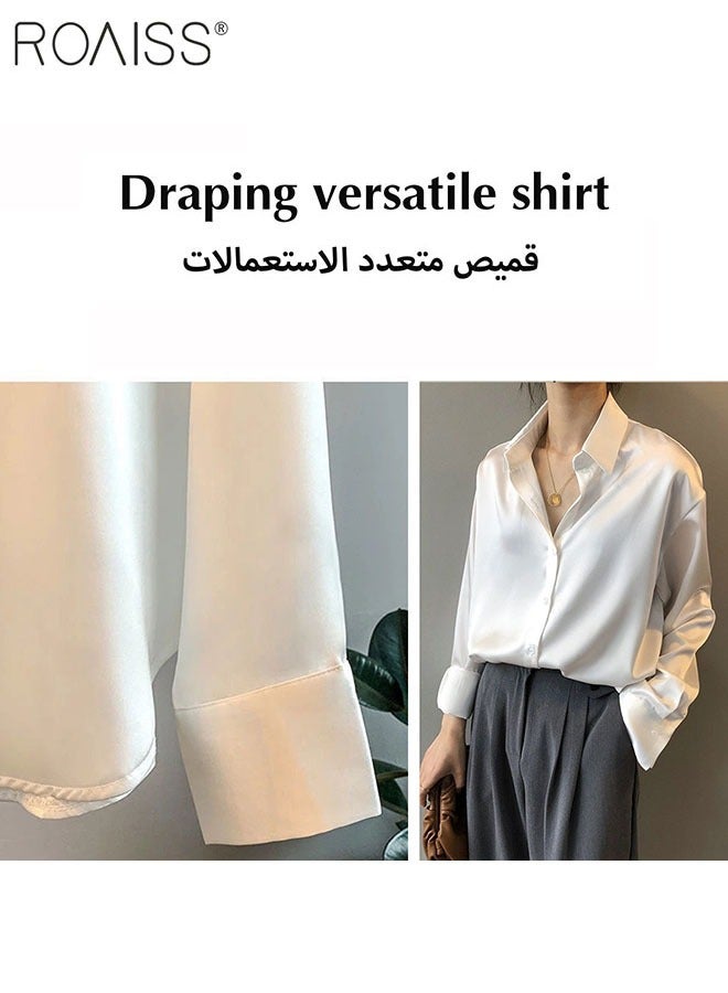 Women'S Satin Luminous Drape Shirt Casual Versatile Loose Top Classic Polo Collar Long Sleeved Shirt With Button Closure