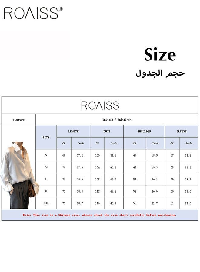 Women'S Satin Luminous Drape Shirt Casual Versatile Loose Top Classic Polo Collar Long Sleeved Shirt With Button Closure