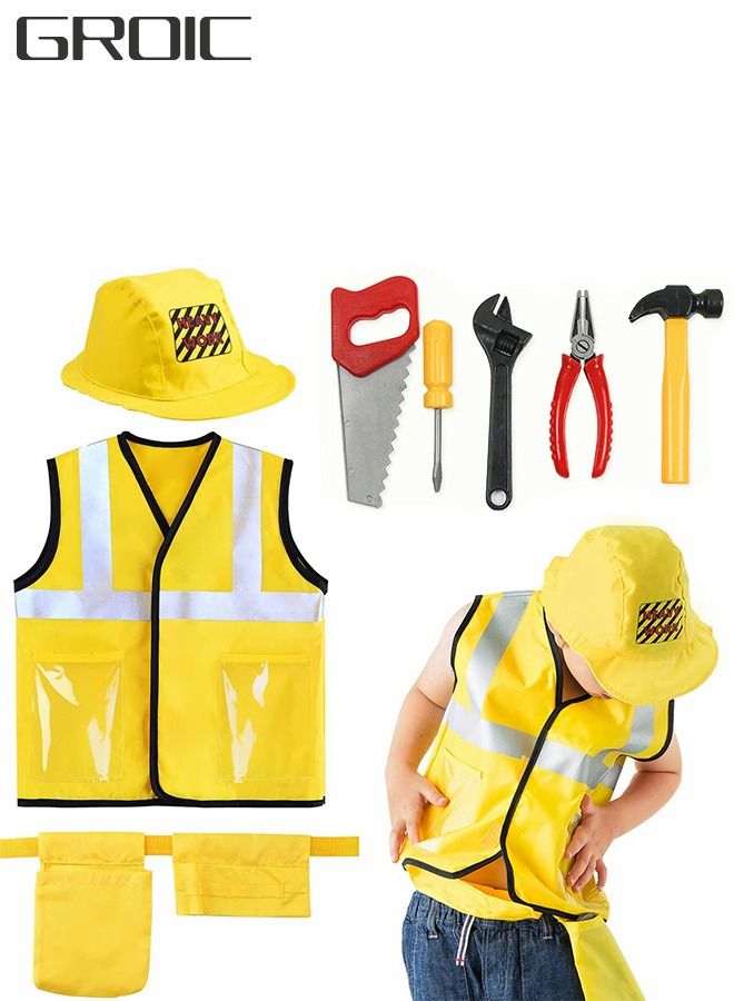 Construction Worker Costume for Boys with 5 Tool Toys,Hammer, Saw, Pliers, Screwdriver, Nylon Vest, Hat and Tool Belt, Toddler Dress Up Clothes, Kid Builder Career Outfit , Pretend Role Play Toy Set