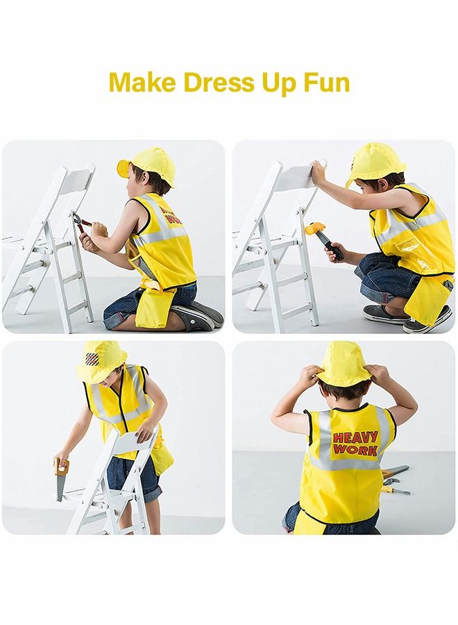 Construction Worker Costume for Boys with 5 Tool Toys,Hammer, Saw, Pliers, Screwdriver, Nylon Vest, Hat and Tool Belt, Toddler Dress Up Clothes, Kid Builder Career Outfit , Pretend Role Play Toy Set