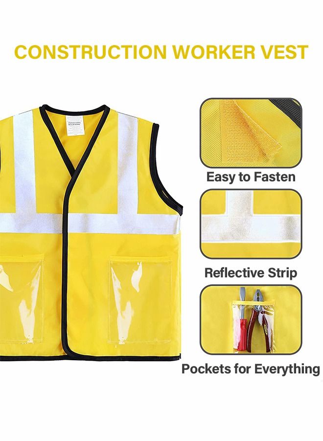 Construction Worker Costume for Boys with 5 Tool Toys,Hammer, Saw, Pliers, Screwdriver, Nylon Vest, Hat and Tool Belt, Toddler Dress Up Clothes, Kid Builder Career Outfit , Pretend Role Play Toy Set