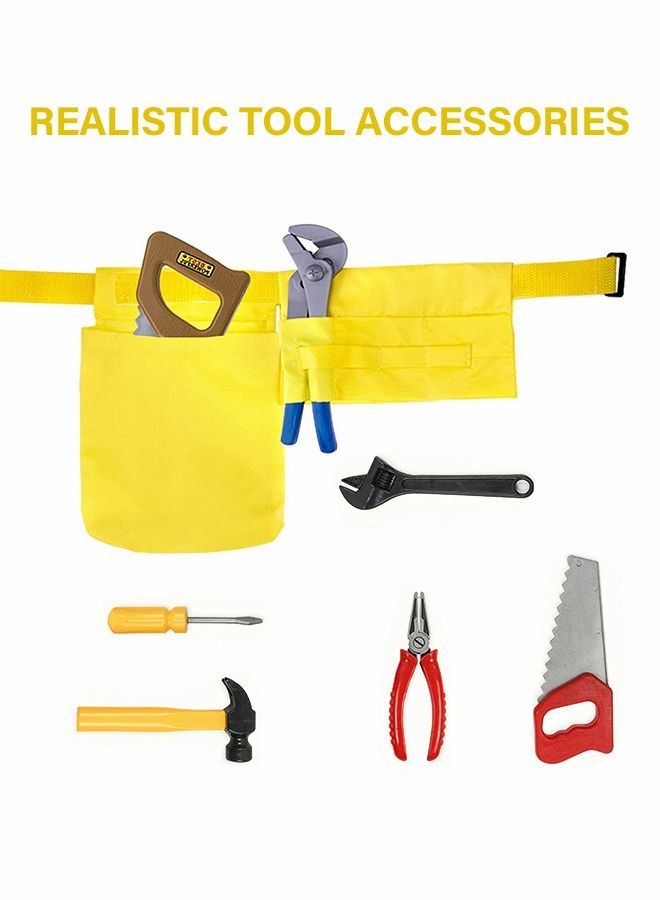 Construction Worker Costume for Boys with 5 Tool Toys,Hammer, Saw, Pliers, Screwdriver, Nylon Vest, Hat and Tool Belt, Toddler Dress Up Clothes, Kid Builder Career Outfit , Pretend Role Play Toy Set