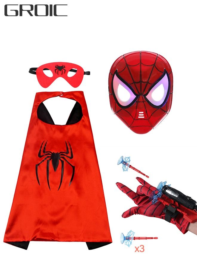 7Pcs Superhero Launcher Toy Set, Spiderman Costume Set，Superhero Capes and LED Mask, 1 Launcher, 1 Glove, 3 Sucker Bullets,Gift for Kids