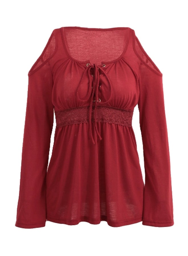 Cold Shoulder Lace-Up Long Sleeves Tunic Burgundy