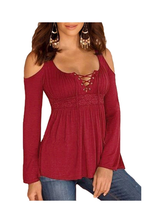 Cold Shoulder Lace-Up Long Sleeves Tunic Burgundy