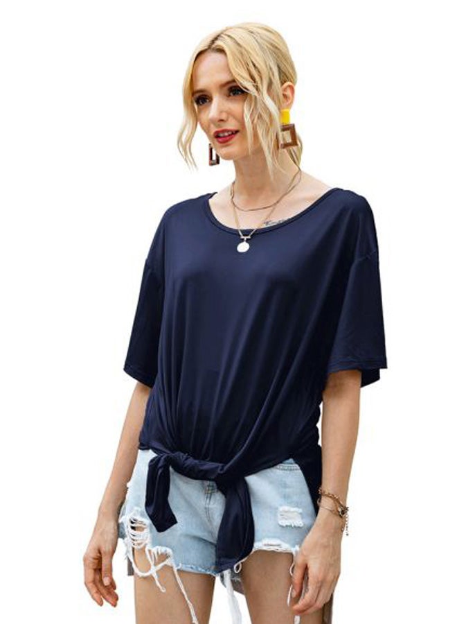 Solid Round Neck Side Slit Tunic Dark Blue