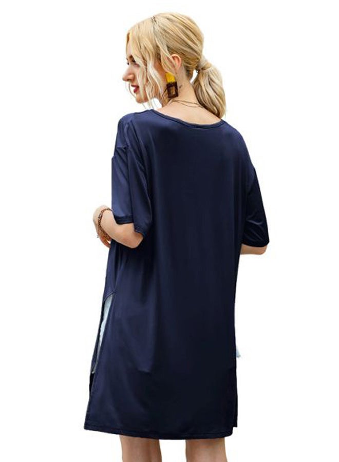 Solid Round Neck Side Slit Tunic Dark Blue