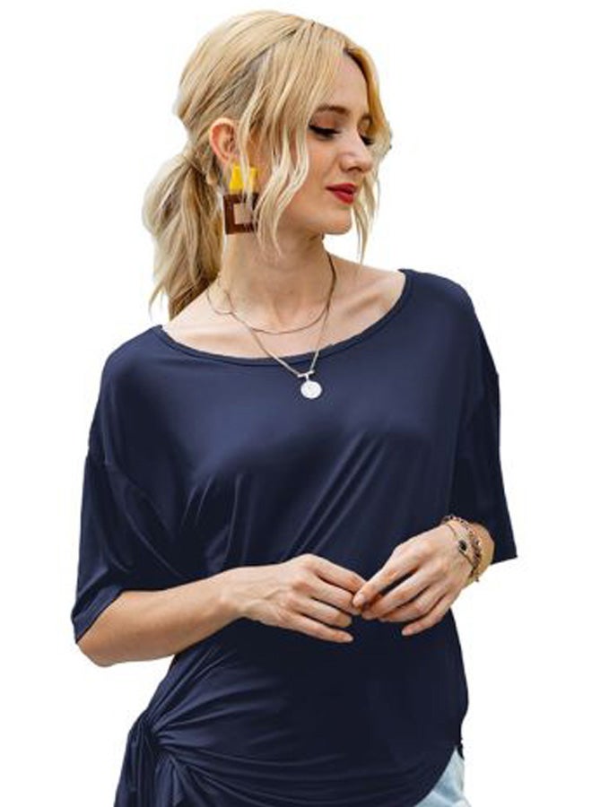 Solid Round Neck Side Slit Tunic Dark Blue