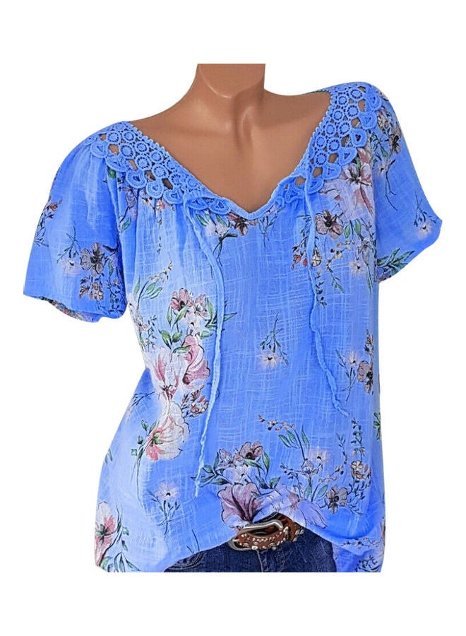 Flower Print Crochet V Neck Short Sleeve Bandage Blouse Dark Blue