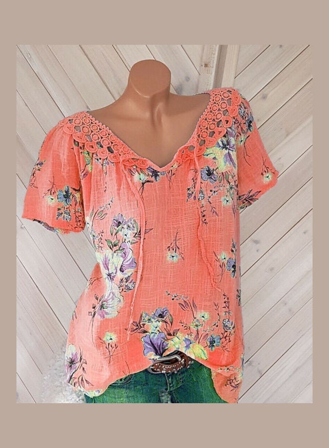 Flower Print Crochet V Neck Short Sleeve Bandage Blouse Dark Blue