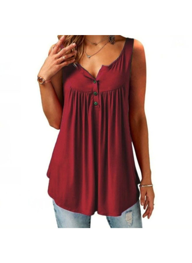 Button-Up Plain Tunic Top Red