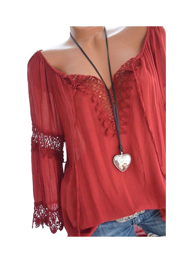 Autumn Elegant Hollow Lace Stitching Long Sleeve Top Red
