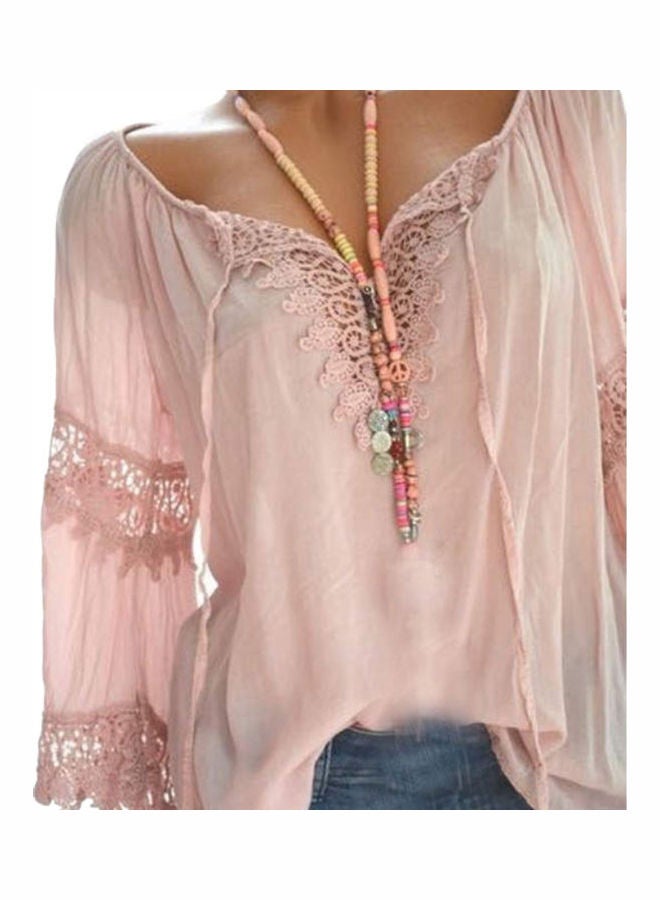 Autumn Elegant Hollow Lace Stitching Long Sleeve Top Pink